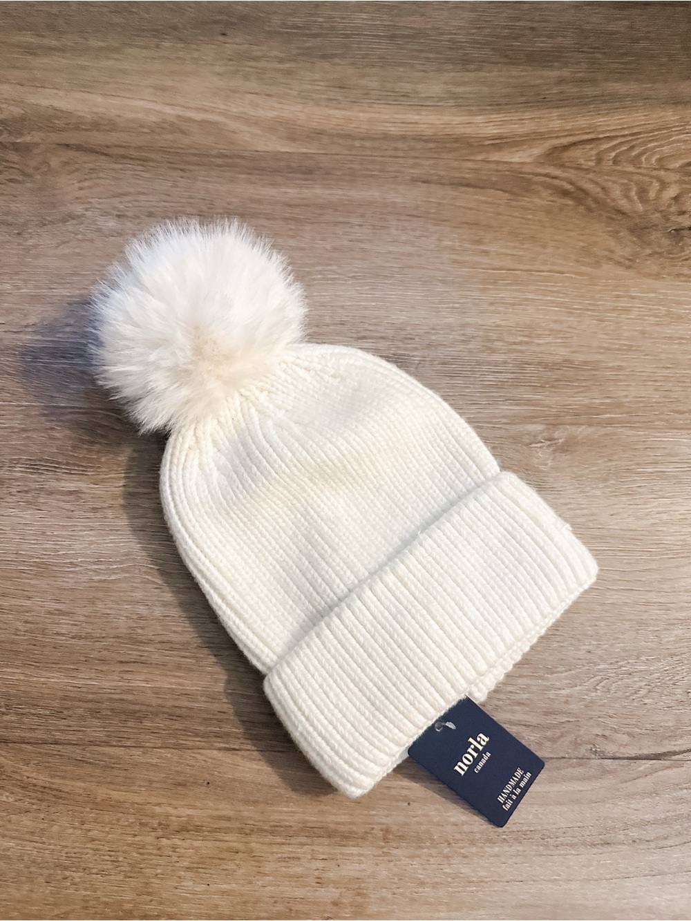 Cream Pom Beanie Hat, Alpaca Wool